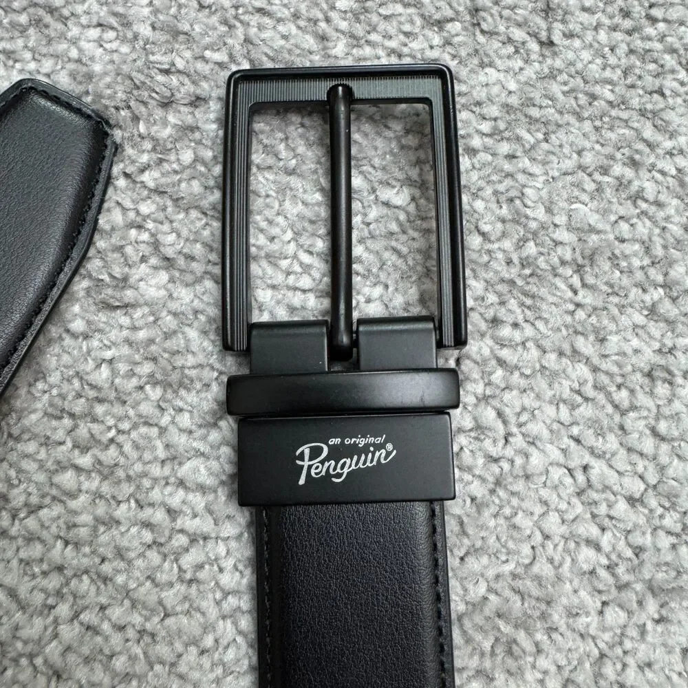 Penguin Bonded Leather Reversible Buckle Belt Mens 42/105 Black Matte Work NWOT
